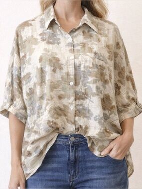 AnnieWear Floral Button Up Blouse Taupe Oversized Boho Medium NWOT